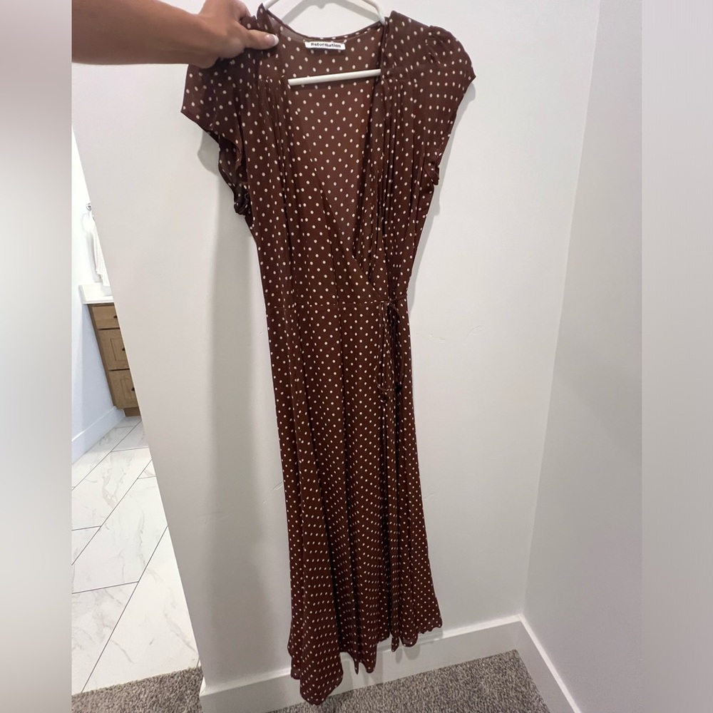 Reformation brown and white polka dot maxi wrap dress